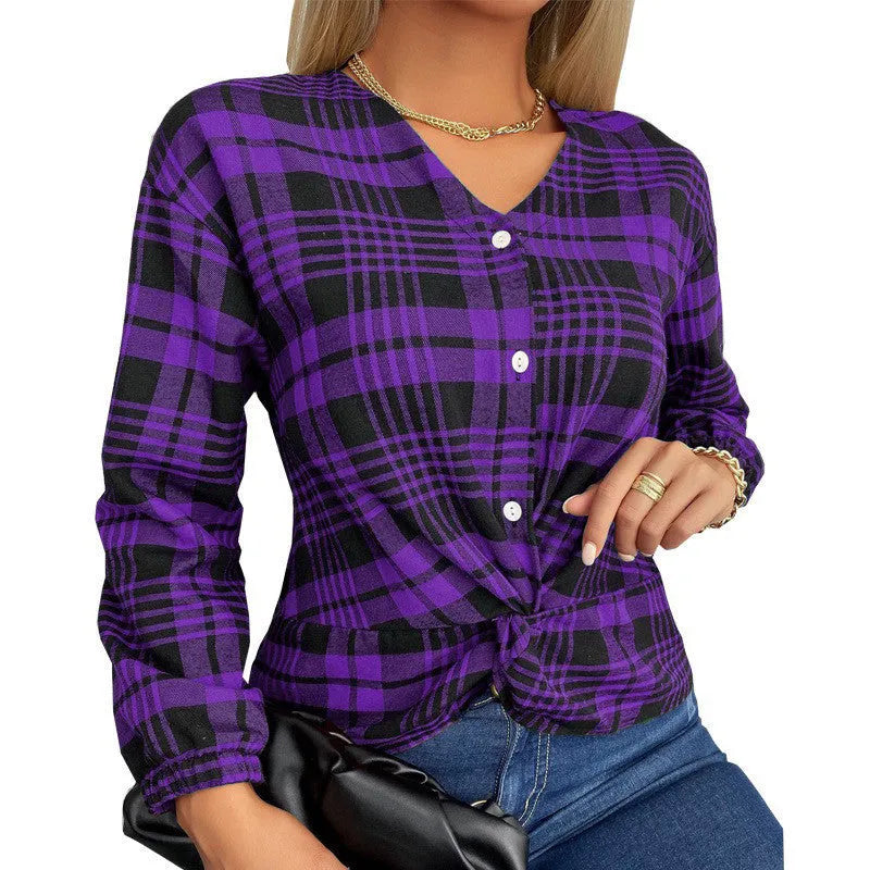 Women's purple and grey plaid loose-fit casual shirt with regular sleeves, laid flat.