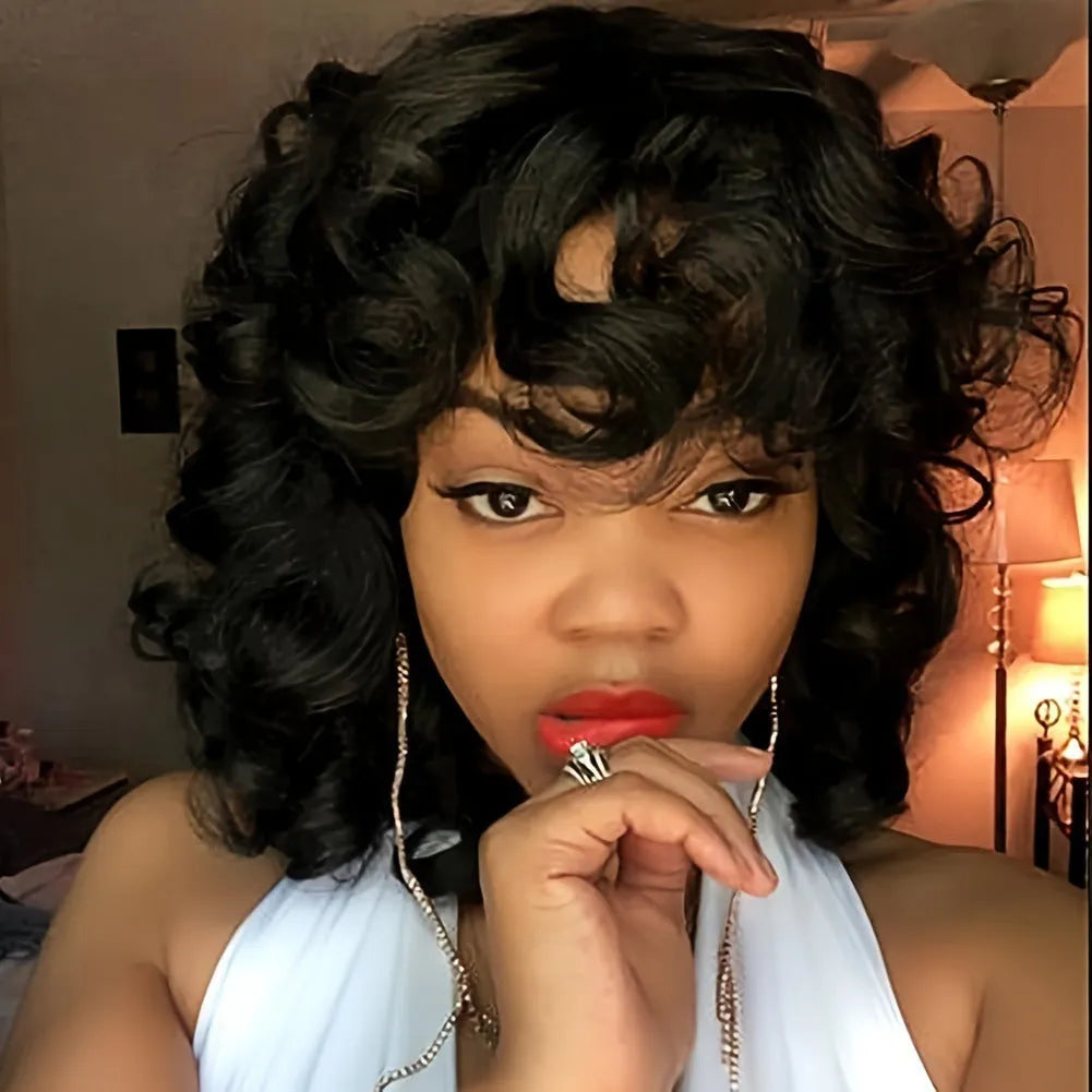 Black synthetic Afro wig with long curly hair in short European American style
