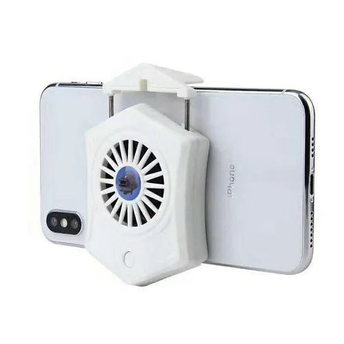 Black and white mobile phone radiator cooling fan with USB cable and adjustable mounting clips
