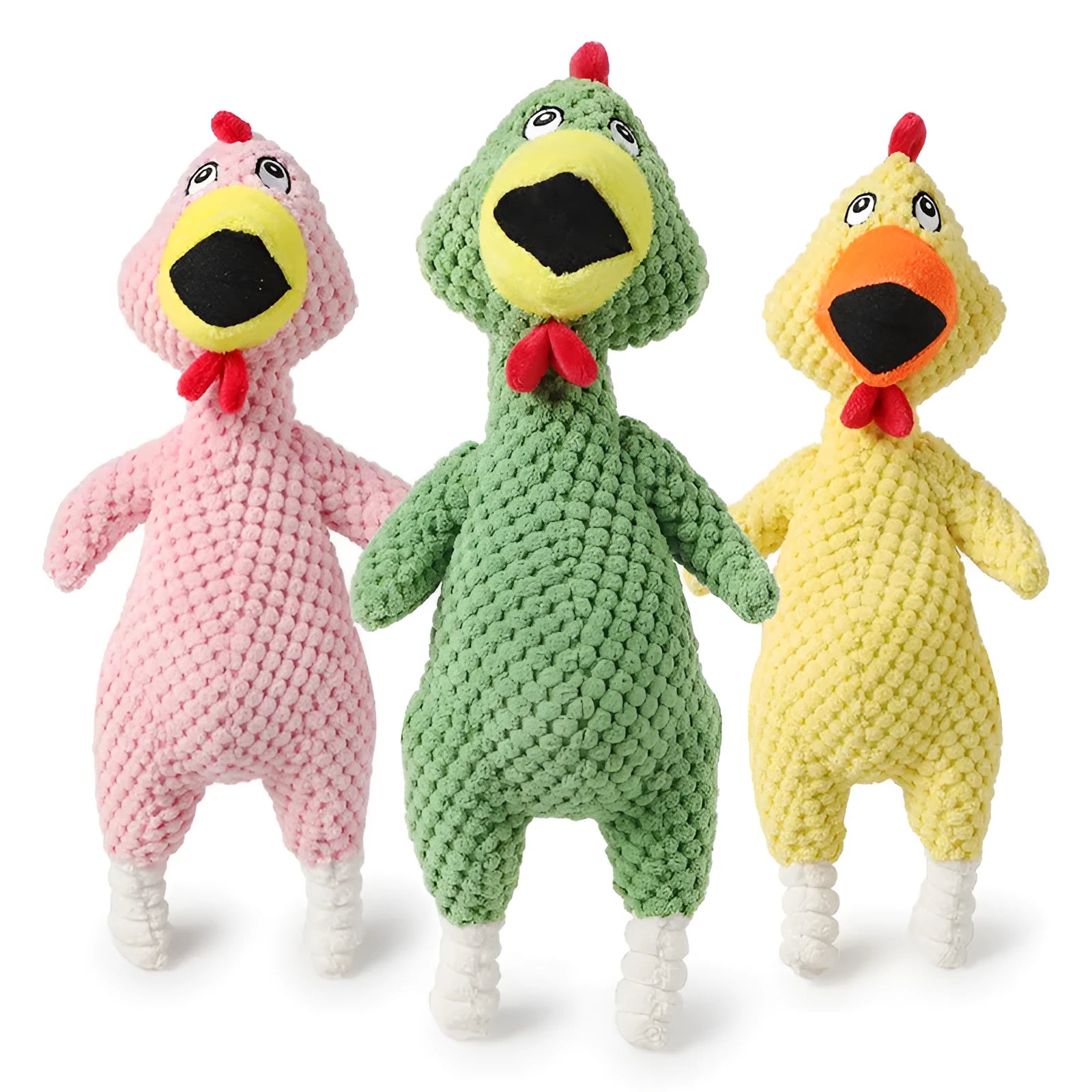 Pineapple velvet squeaking chicken pet toy in green, pink, yellow colours, 35cm length