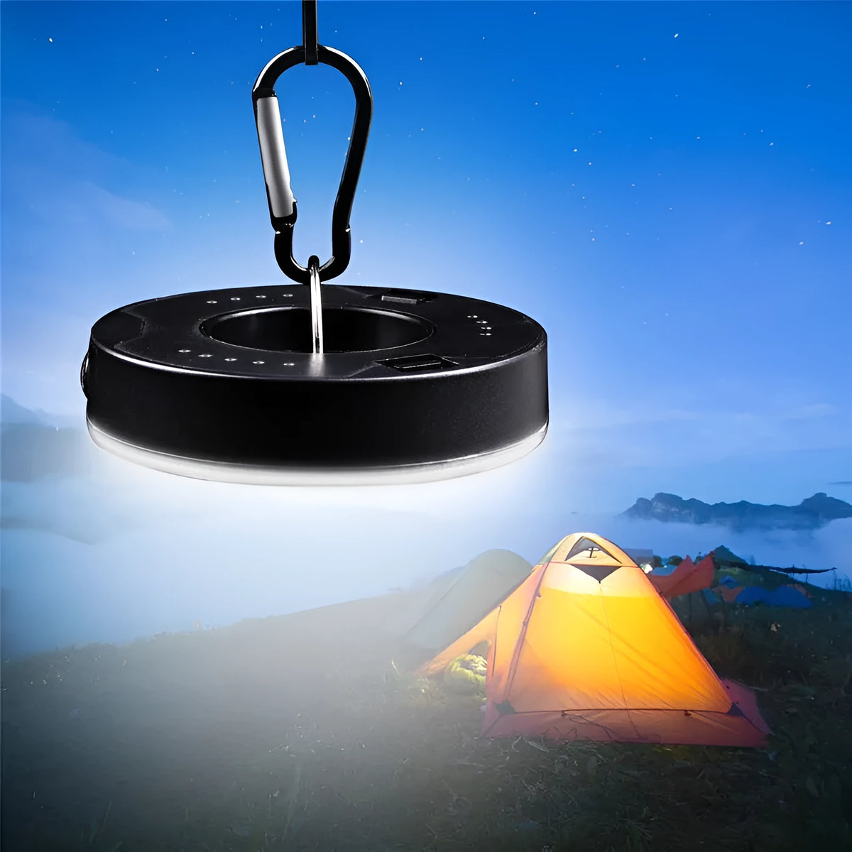 Primary colour COB LED tent light with carabiner hook and transparent lampshade on a dark background
