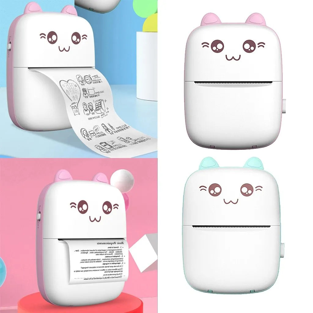 Pink mini Bluetooth thermal printer on a desk with a phone and printed note, measuring 11x8x3.5cm