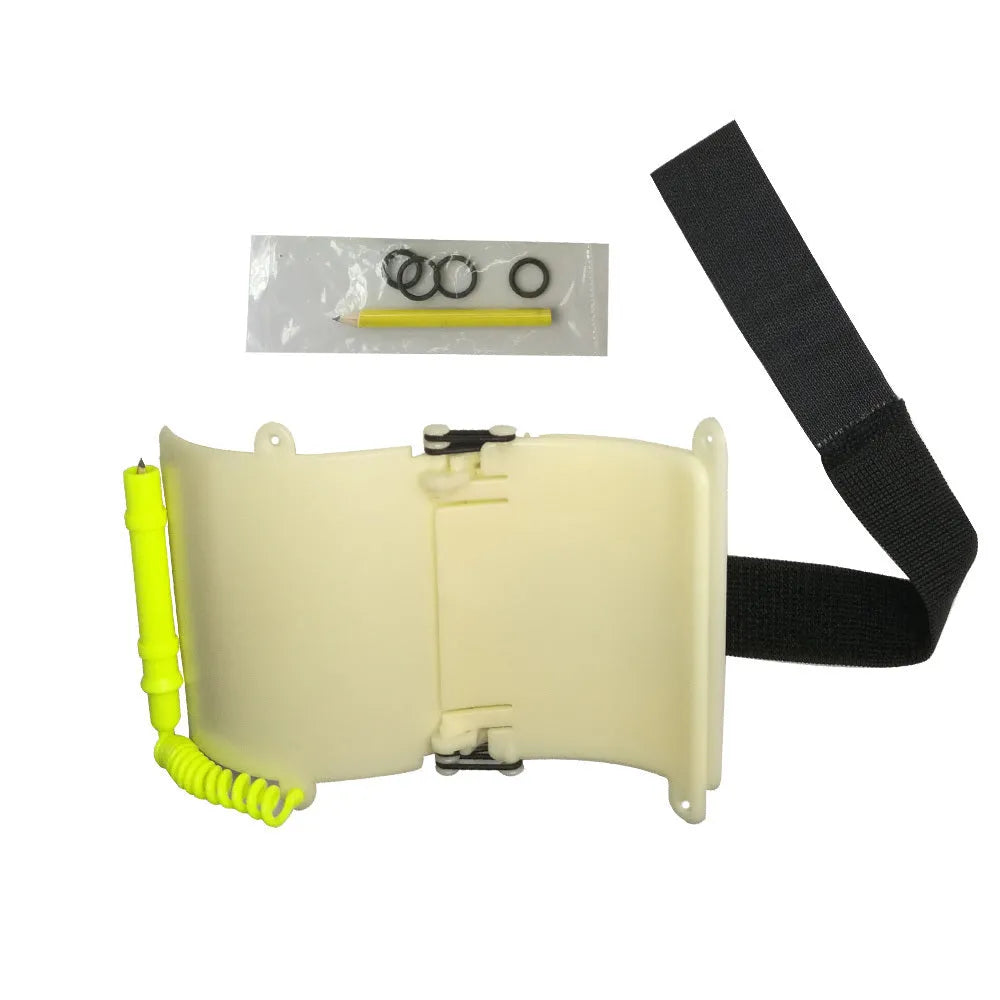 White luminous underwater writing wristboard for divers on a wrist, with pencil and spare o-ring.