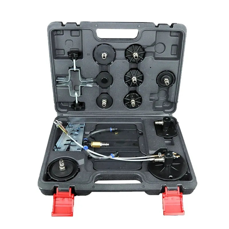 Pneumatic brake fluid replacement machine with pressure gauge, regulator, and transparent drain hose on a 49x30x42cm unit.