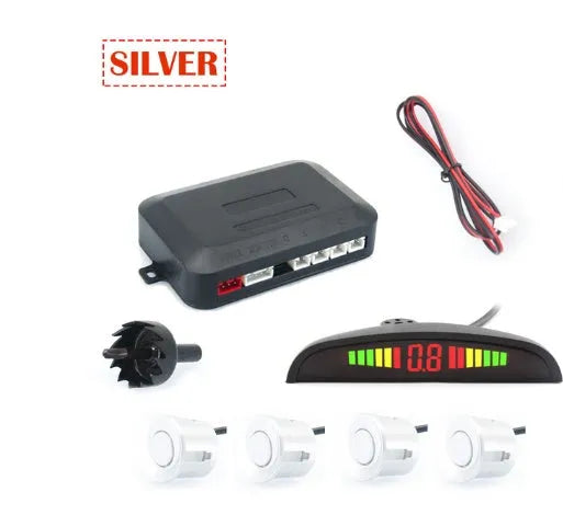 12V reversing radar parking sensor kit with four black ultrasonic probes and digital LED display control box