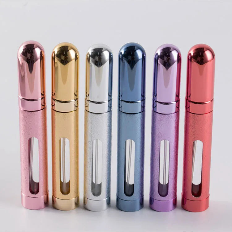12ml aluminium travel perfume bottle with glass liner in various colours including blue, gold, pink, red, silvery, violet