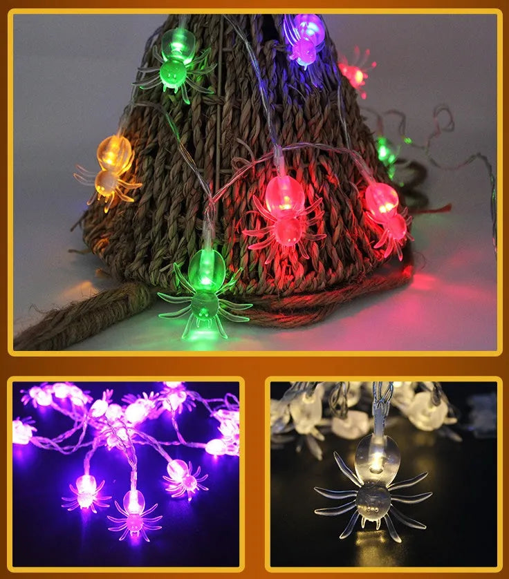 Halloween LED string lights with pumpkin, ghost and bat pendants on white cord