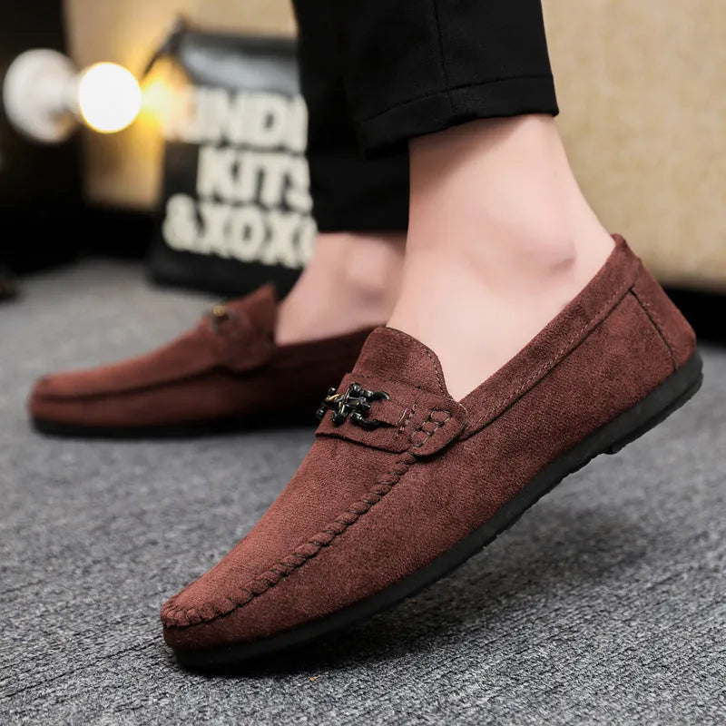 Men's black waterproof slip-on loafers with round toe and rubber sole