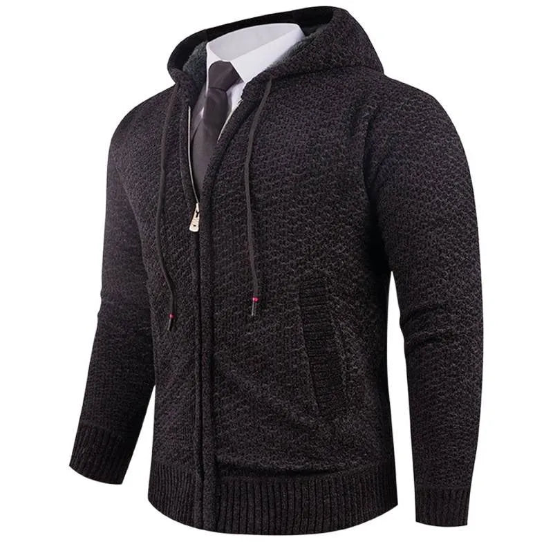 Men's hooded fleece lined sweater with pineapple pin in beige, shown front view on model, available in sizes M to 4XL