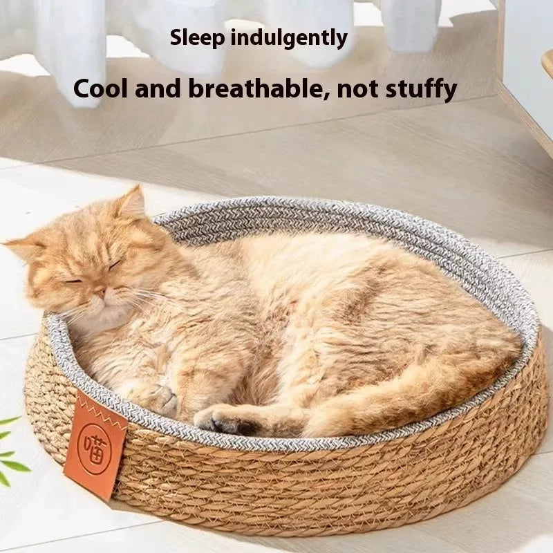 Rattan woven cat nest bed available in four sizes for feline sleeping comfort