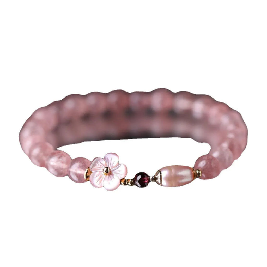 Strawberry quartz peach blossom bracelet with crystal flowers on adjustable silver chain