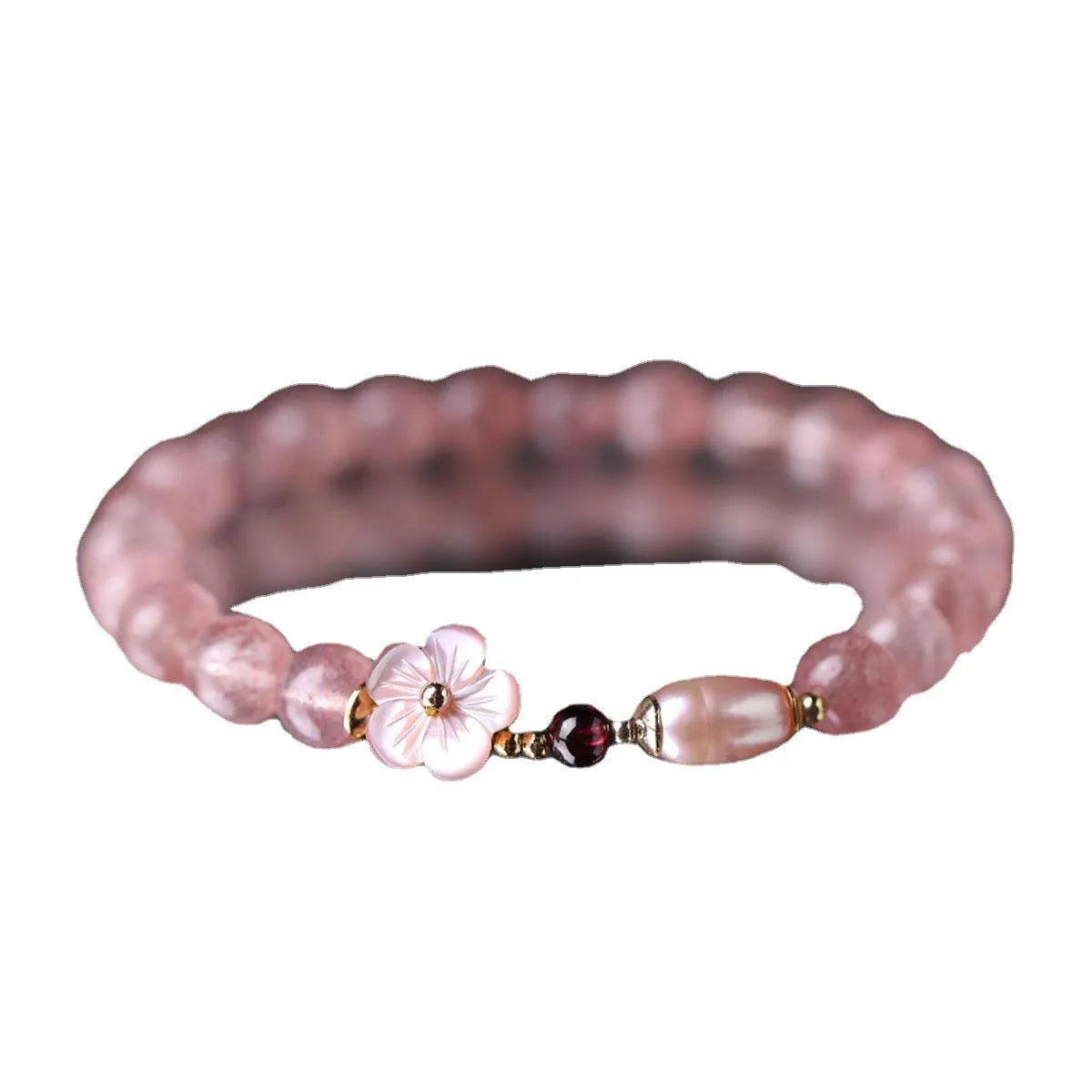 Strawberry quartz peach blossom bracelet with crystal flowers on adjustable silver chain
