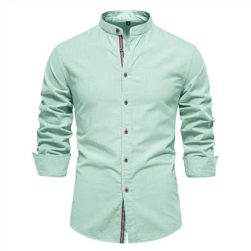 Men's solid colour long sleeve shirt in army green hemp blend fabric, non-iron, casual fit