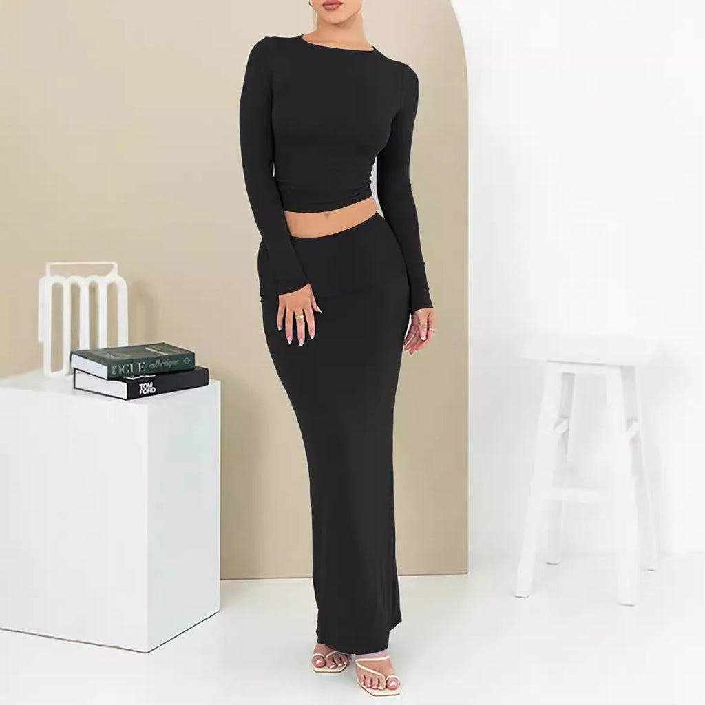 Women's autumn two-piece suit in polyester with slim fit, long skirt, and three-quarter sleeves