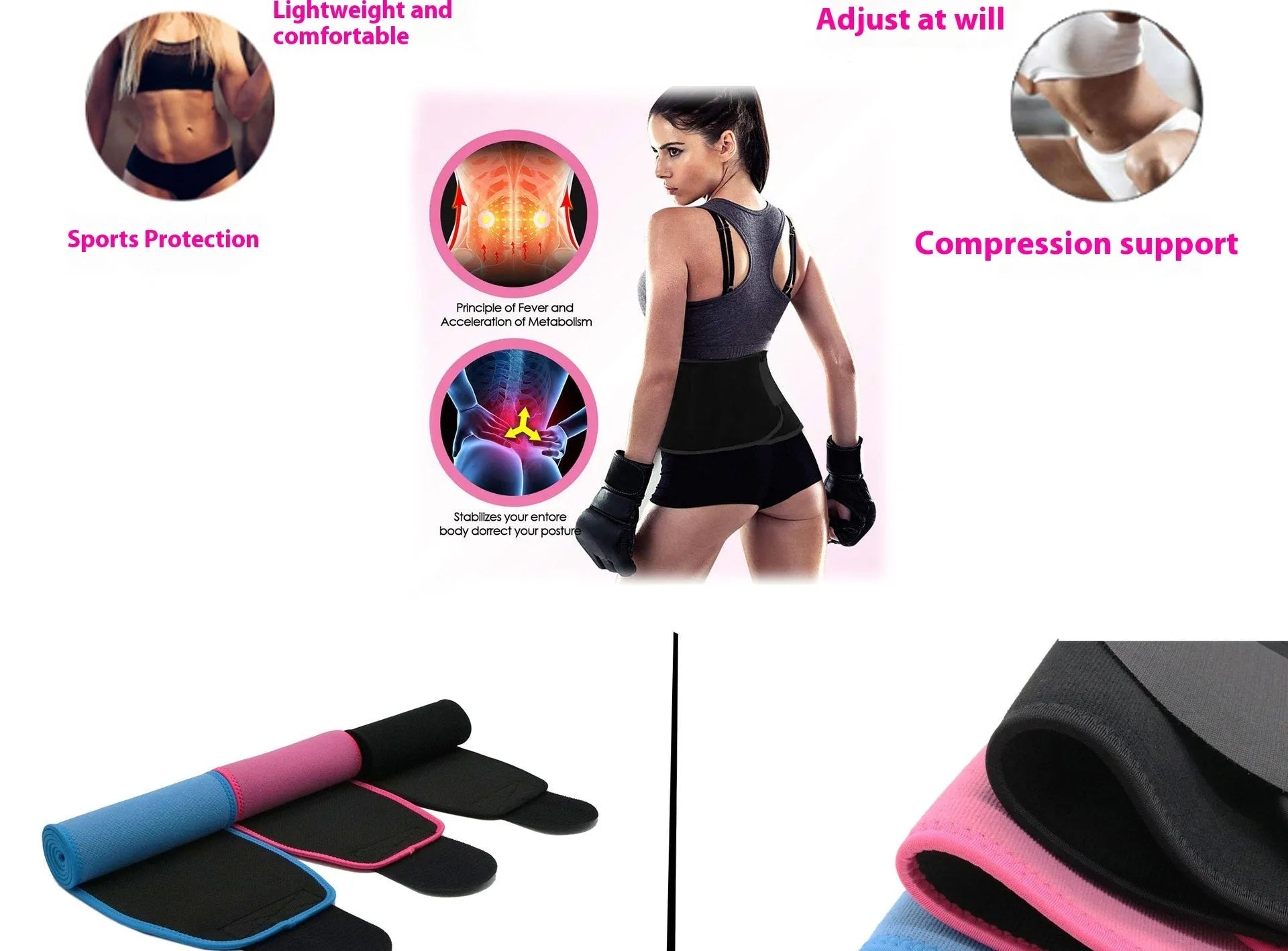 Neoprene lumbar support belt for sports and fitness activities in black, blue, or pink colours