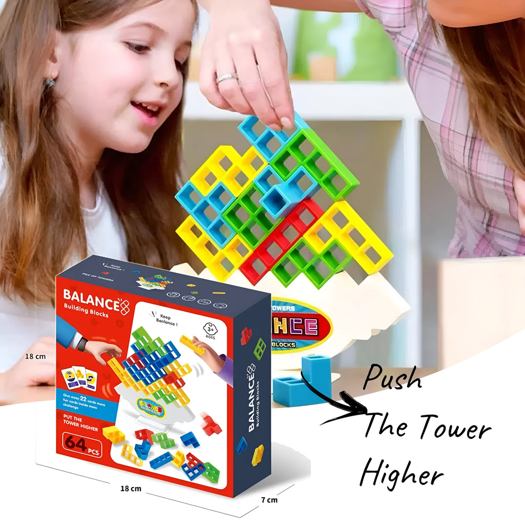 Balance stacking board game with plastic building blocks, chassis, and base for family play