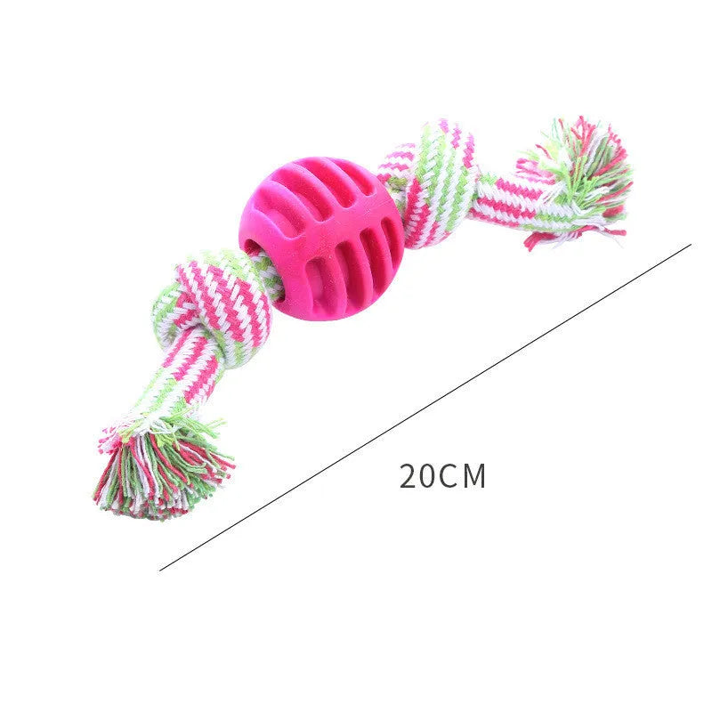 Dog bite-resistant teeth cleaning toy with double knot cotton cord and TPR ball in blue, orange, pink, red colours