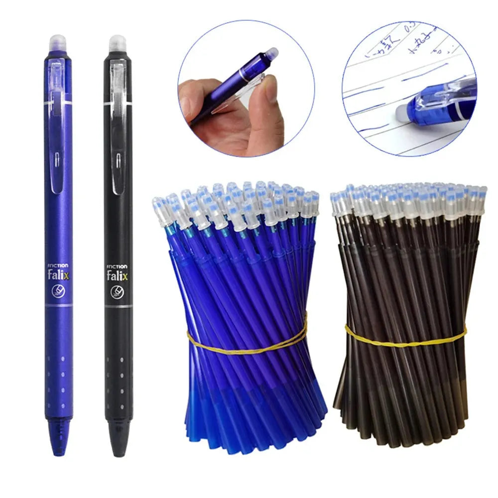 Blue and black erasable gel pen with 0.5mm stainless steel nib for student writing