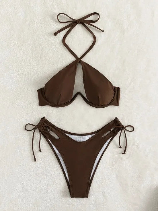 Women's brown halter bikini top and briefs on a neutral background.