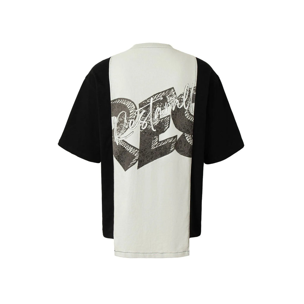 Black and white deconstruction printed collage T-shirt with loose fit street style