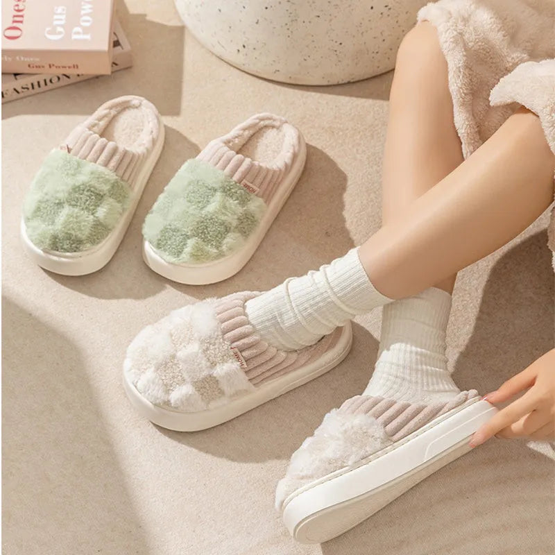 Women's coral velvet plush house slippers with non-slip sole in coffee, green, grey, pink, and white colours