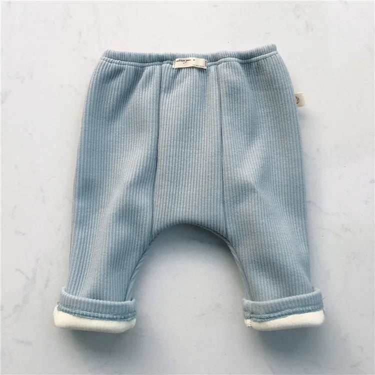 Autumn baby cotton threaded elastic leggings in blue for unisex toddlers with rubber band belt