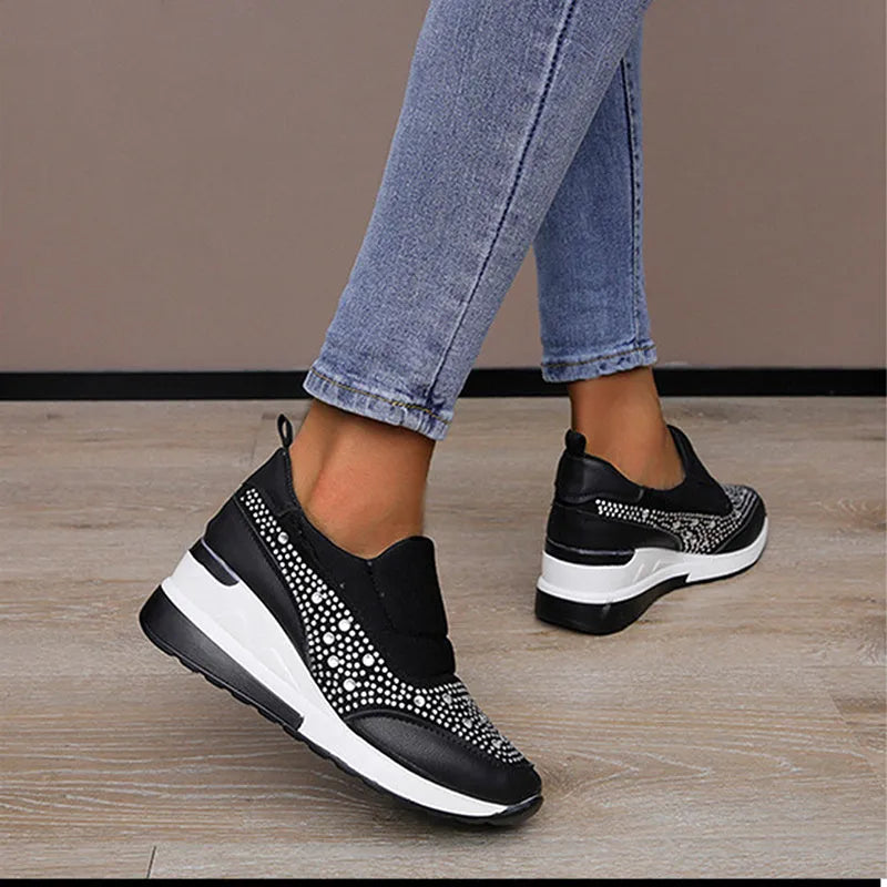 Rhinestone wedge flats for women with inner height increase, round toe, PU upper, black colour, side view