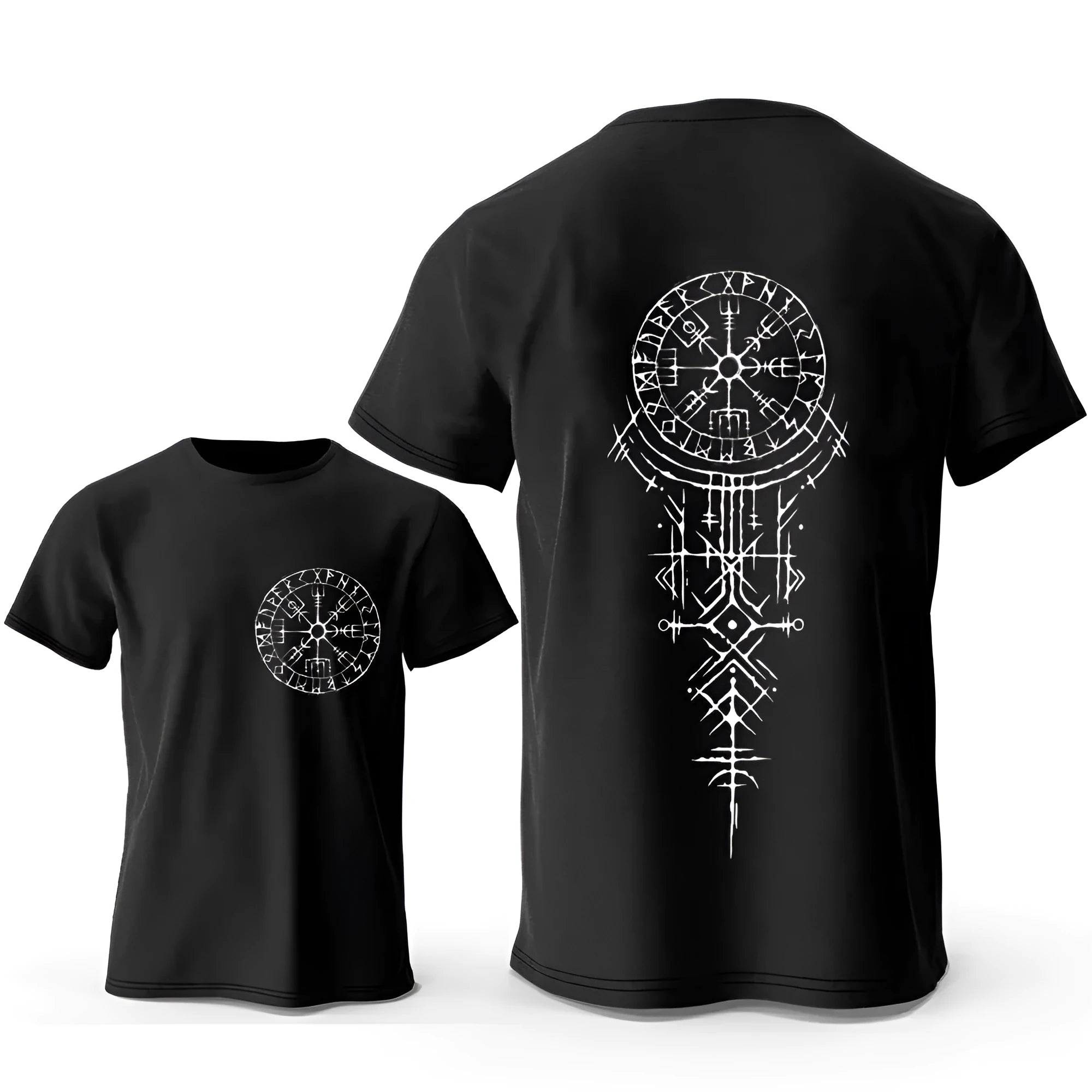 Man wearing a grey Viking rune compass and smiling face graphic print on a pure cotton t-shirt.
