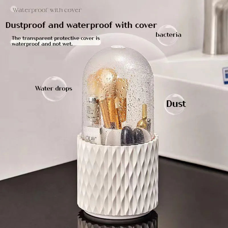 White transparent acrylic rotating makeup brush storage holder with dust-proof lid on desktop