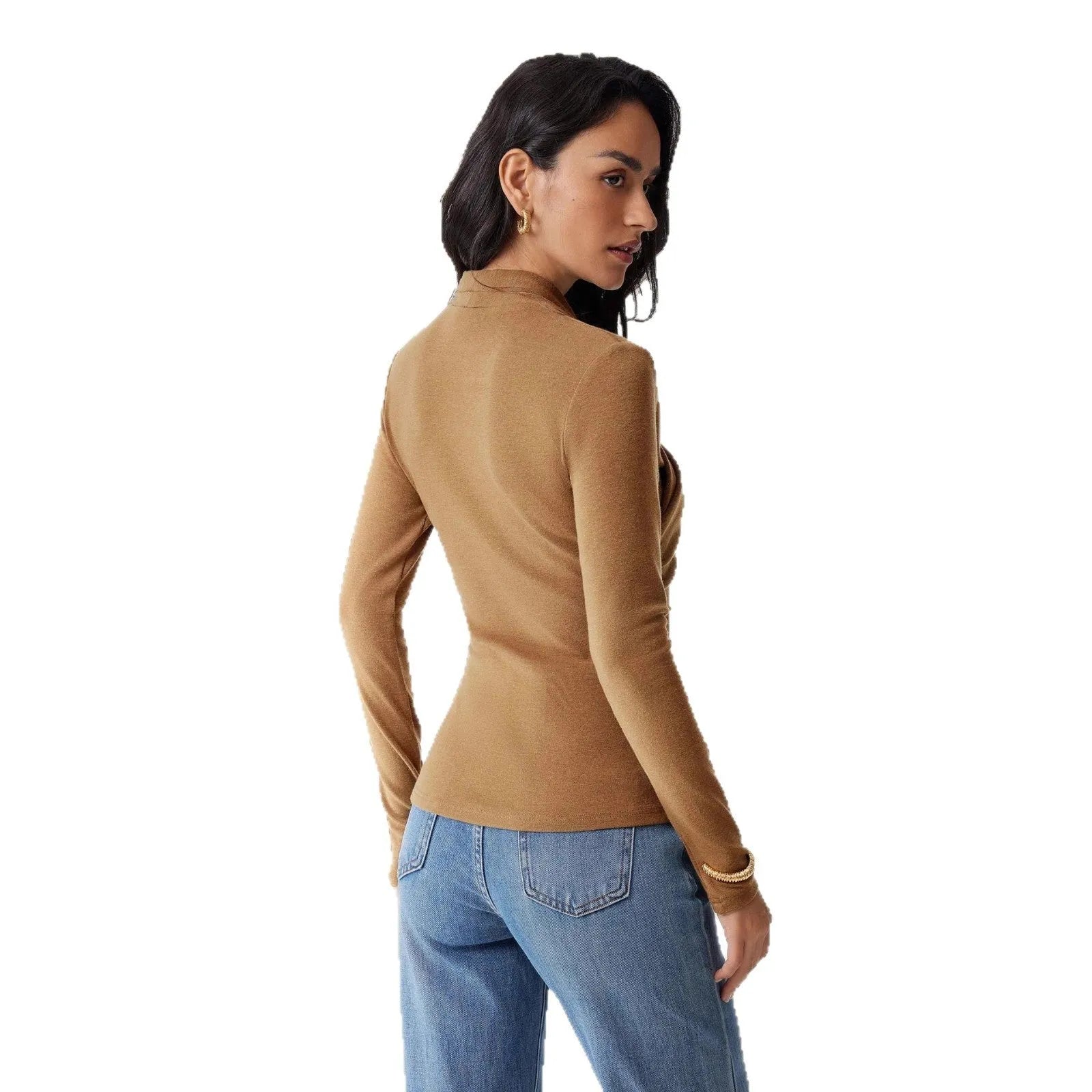 Camel colour women's slim fit pullover sweater with long sleeves