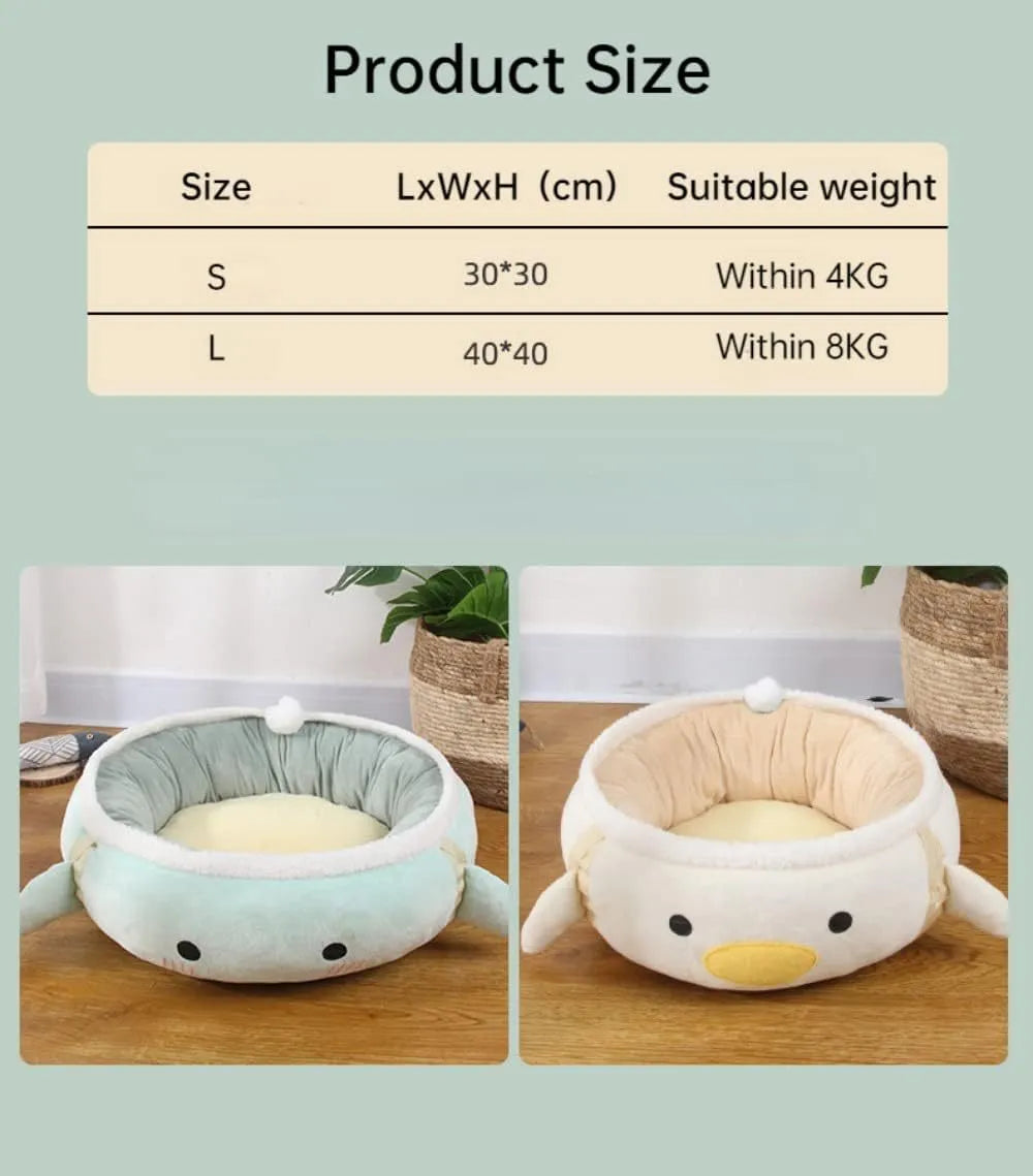 Green chick-shaped cat bed shown both laid flat and hanging as a hammock for small pets.