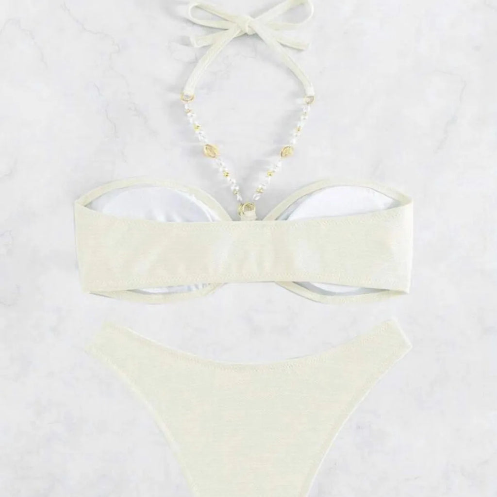 Women's pure colour halter bikini set for swimming sports in polyester fabric