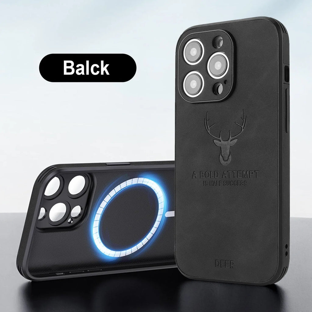 iPhone 16 magnetic case with an embossed moose head design in various colours on imitation leather.