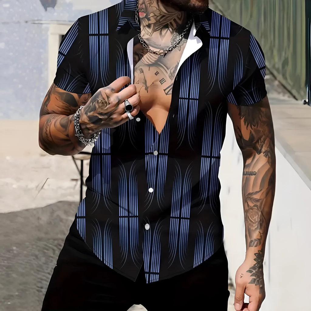 Men's geometric line pattern lapel short sleeve shirt in slim fit polyester