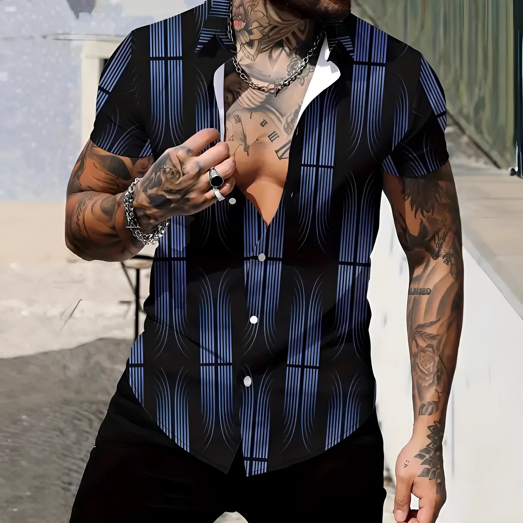 Men's geometric line pattern lapel short sleeve shirt in slim fit polyester
