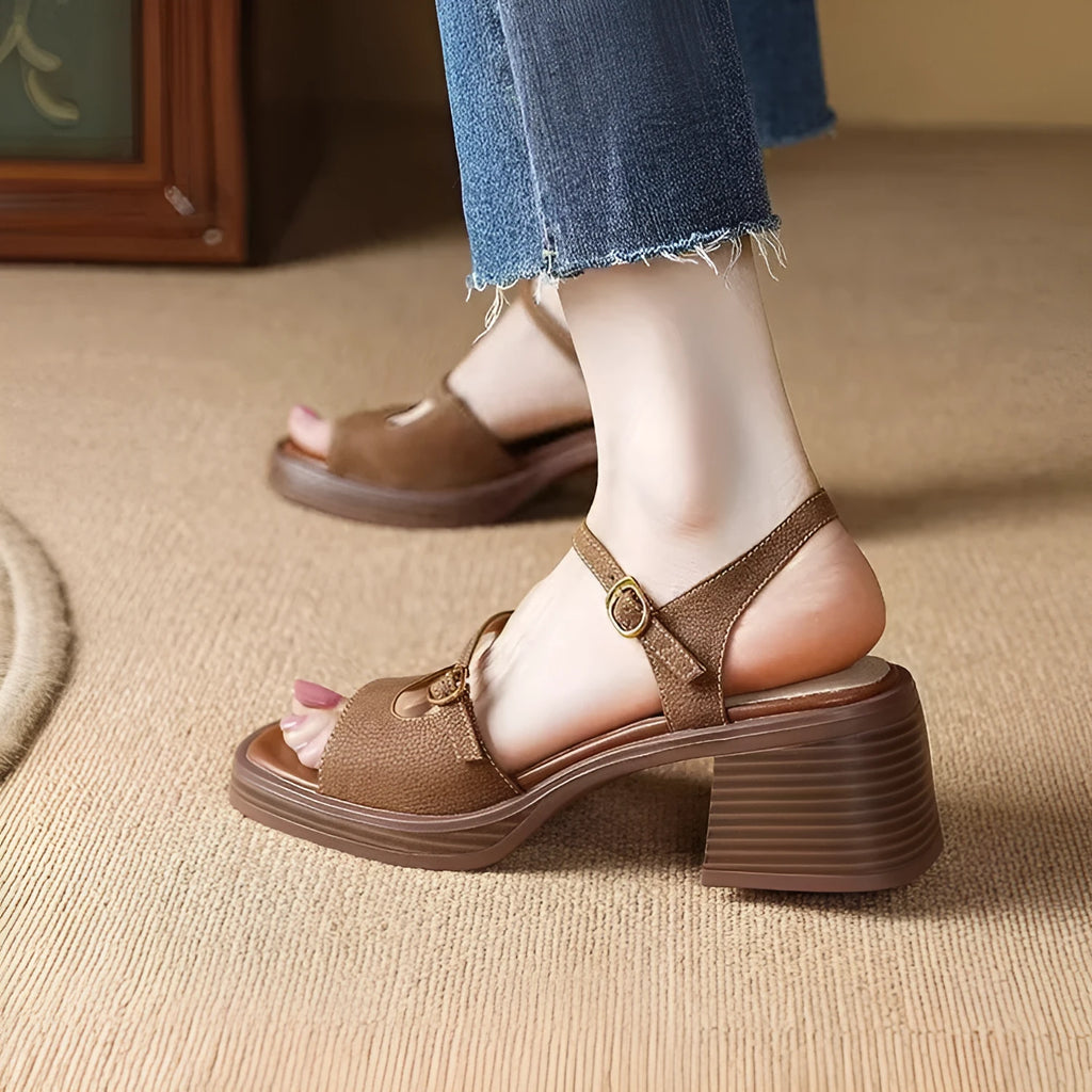 Women's open toe square toe retro platform sandals in brown colour showing PU upper and rubber sole construction