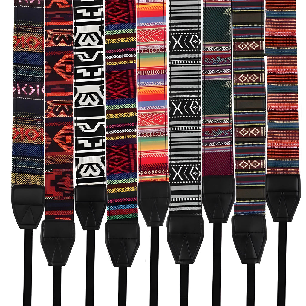 Ibiza Geometric Camera Strap with geometric pattern, adjustable length, available in multiple colours.