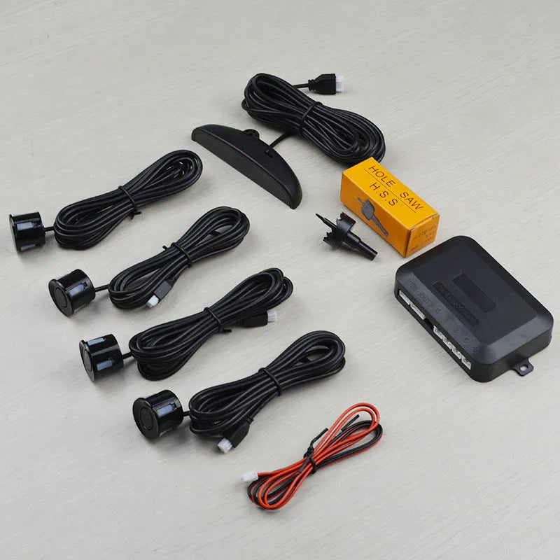 12V reversing radar parking sensor kit with four black ultrasonic probes and digital LED display control box