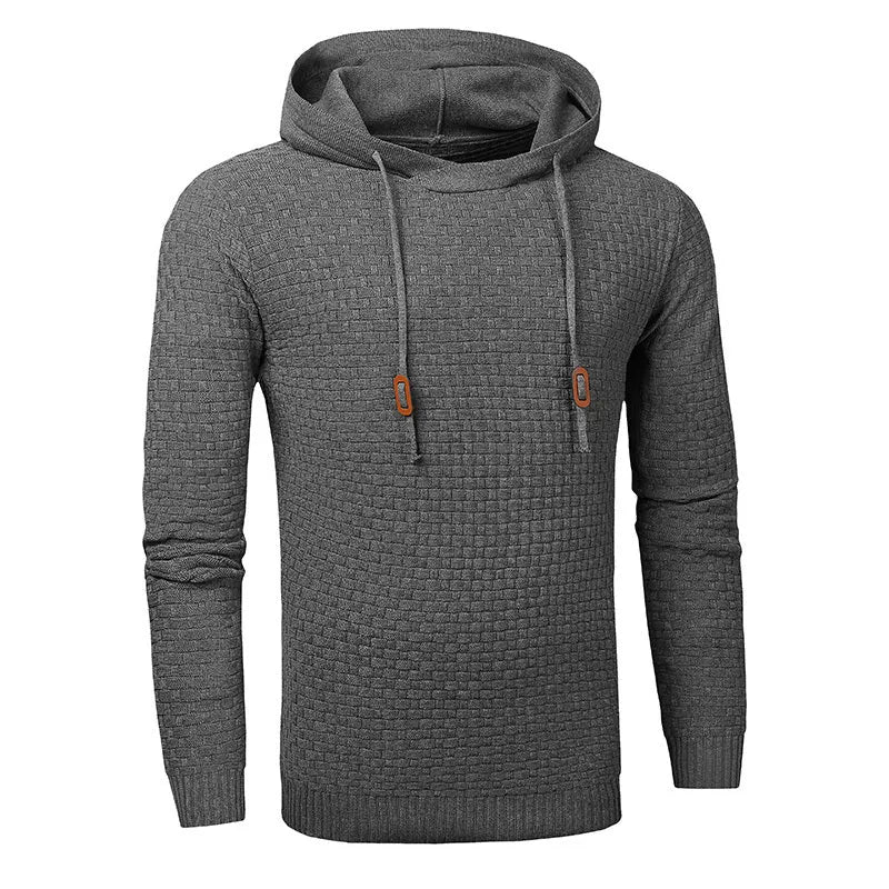 Men's black cotton-polyester hooded sweatshirt on a hanger