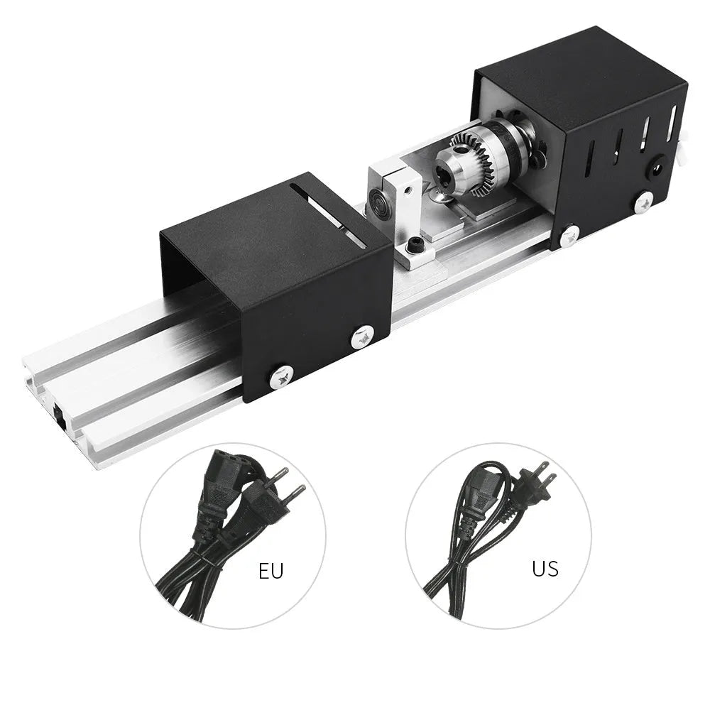 Mini metal manual woodworking lathe with carving knives on a workbench