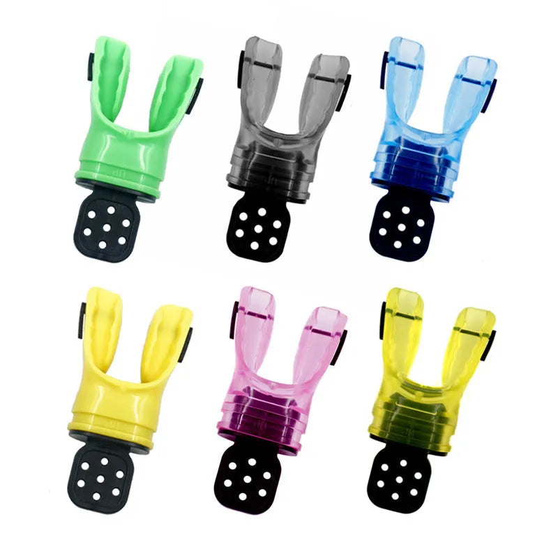 Edible silicone diving mouthpiece, 110mm long, shown in various colours including blue, green, pink and transparent options.
