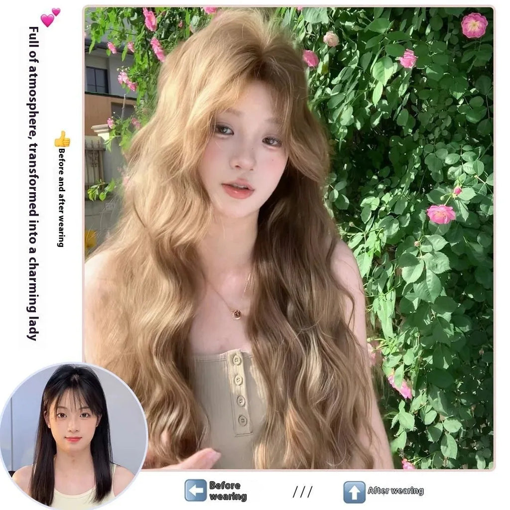 Linen brown long curly lace front wig with mechanism construction and high temperature fibre synthetic hair