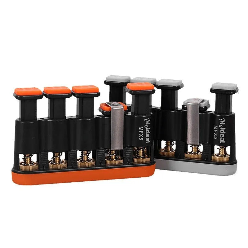 Grey and orange silicone finger trainer for hand strength development in piano, guitar, guzheng practice.