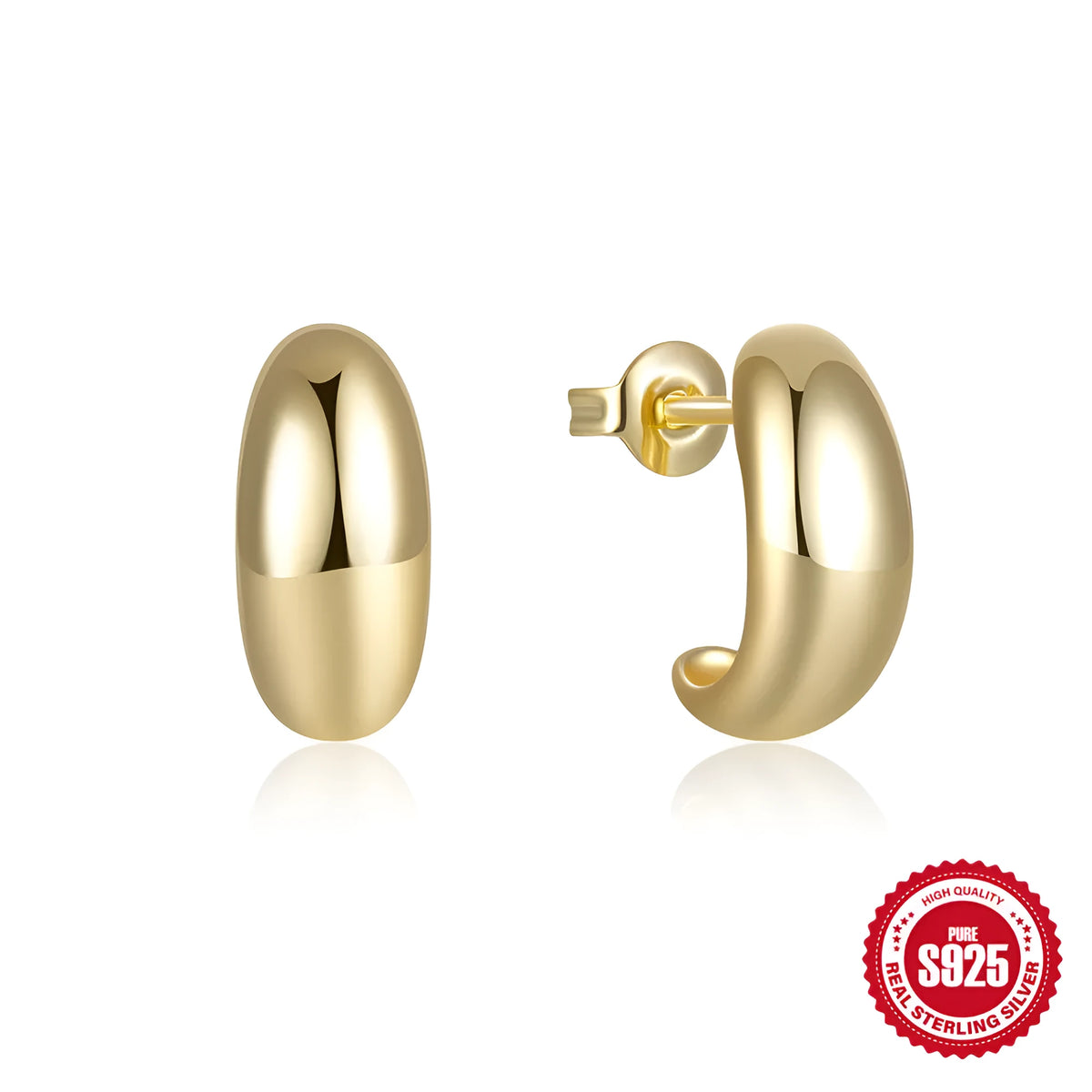 Sterling silver C-shaped stud earrings with electroplated gold finish, geometric design