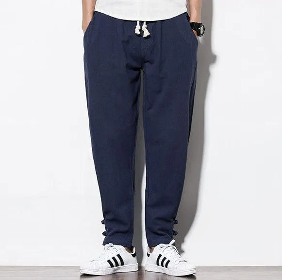 Men's linen harem pants in blue, loose vintage joggers with drawstring waist, sizes M to 5XL
