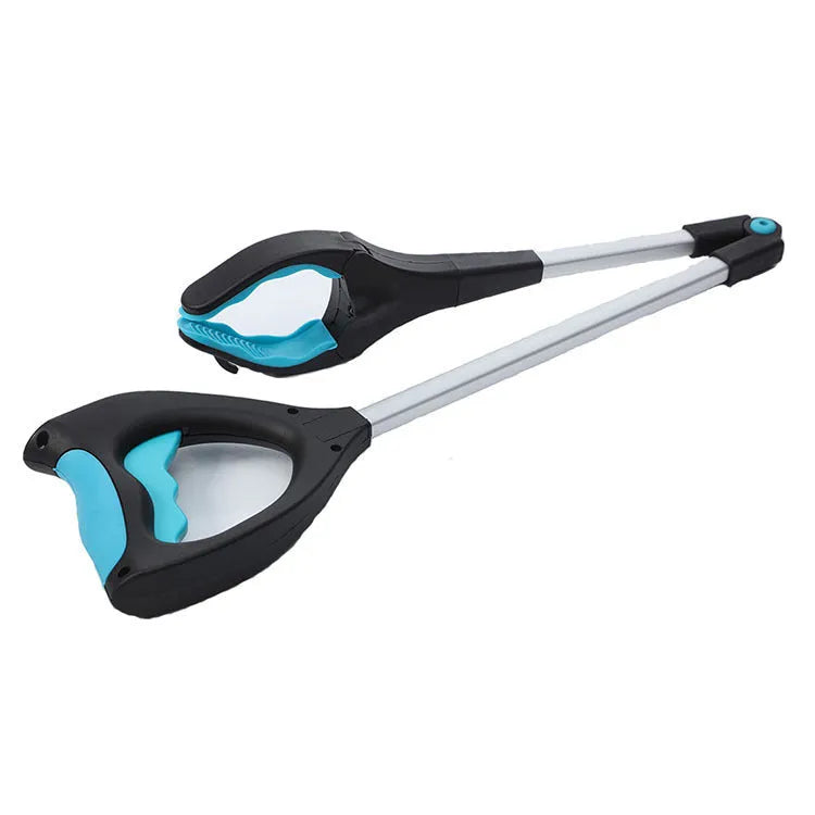 Blue foldable portable pickup trolley with aluminium frame shown extended and folded to 13cm width.