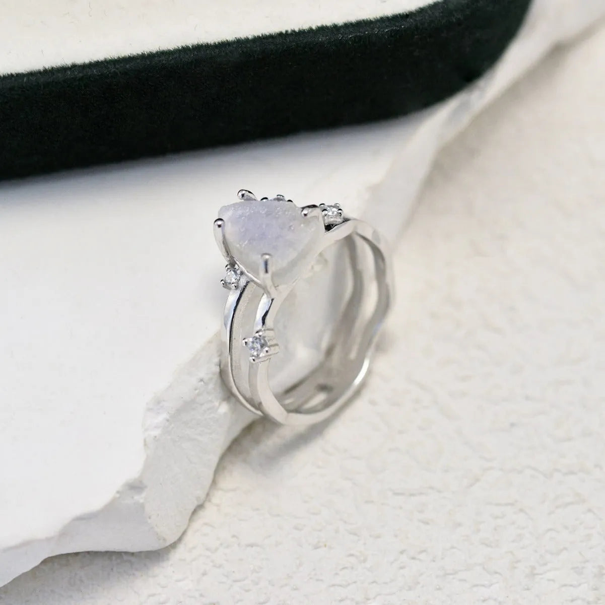 S925 sterling silver irregular triangle moonstone ring in geometric design with electroplated finish
