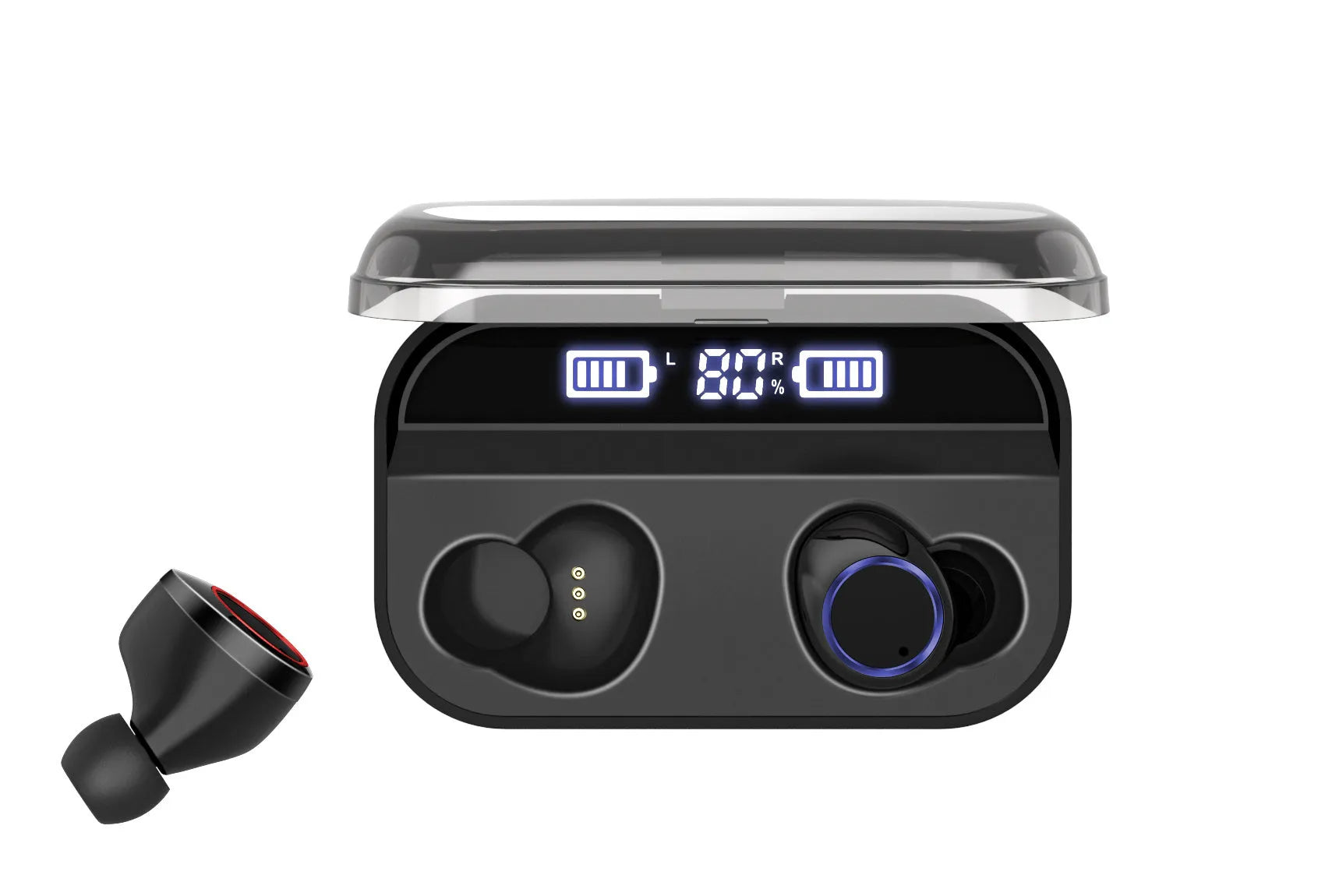 Black X11 Bluetooth wireless earbuds with a matching charging case and assorted silicone ear tips.