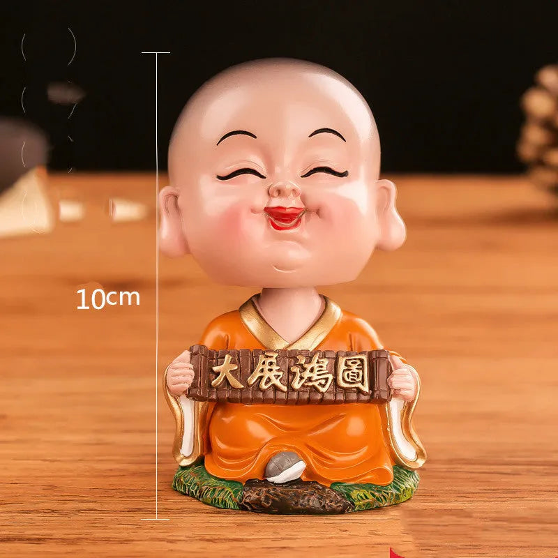 Handmade resin shaking-head monk ornament, 6cm wide, 10-11cm high, simple Chinese style for car or desk