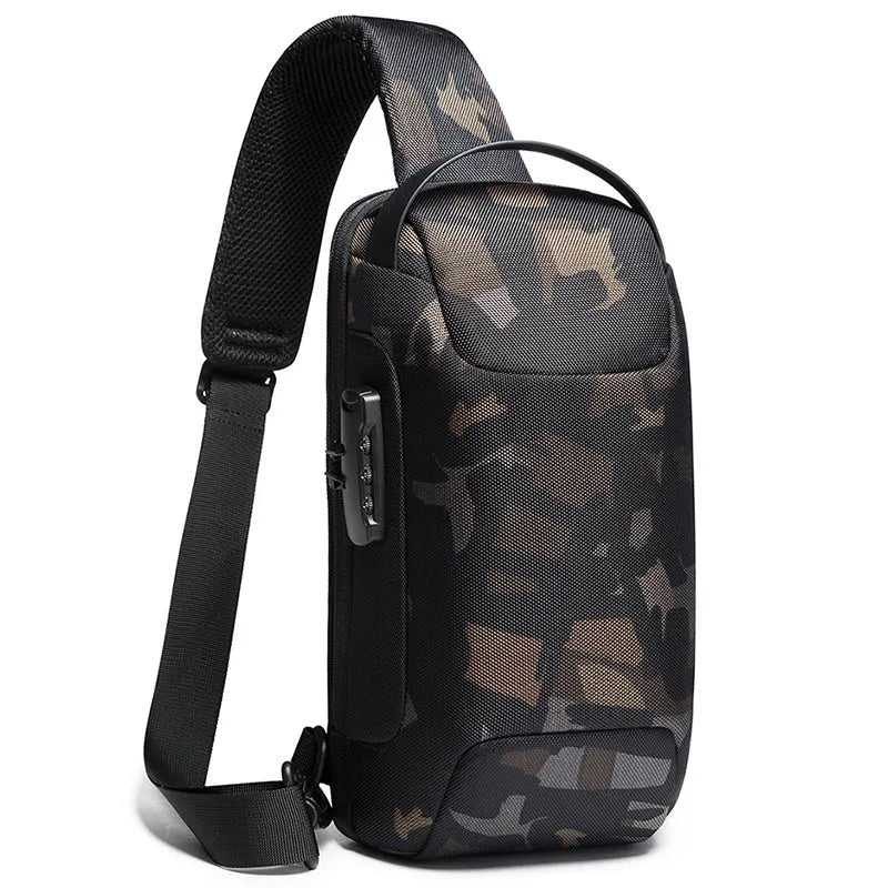 Men's crossbody shoulder bag in high-density Oxford cloth, 18cm x 10cm x 34cm, shown in black, grey, camouflage, blue and red